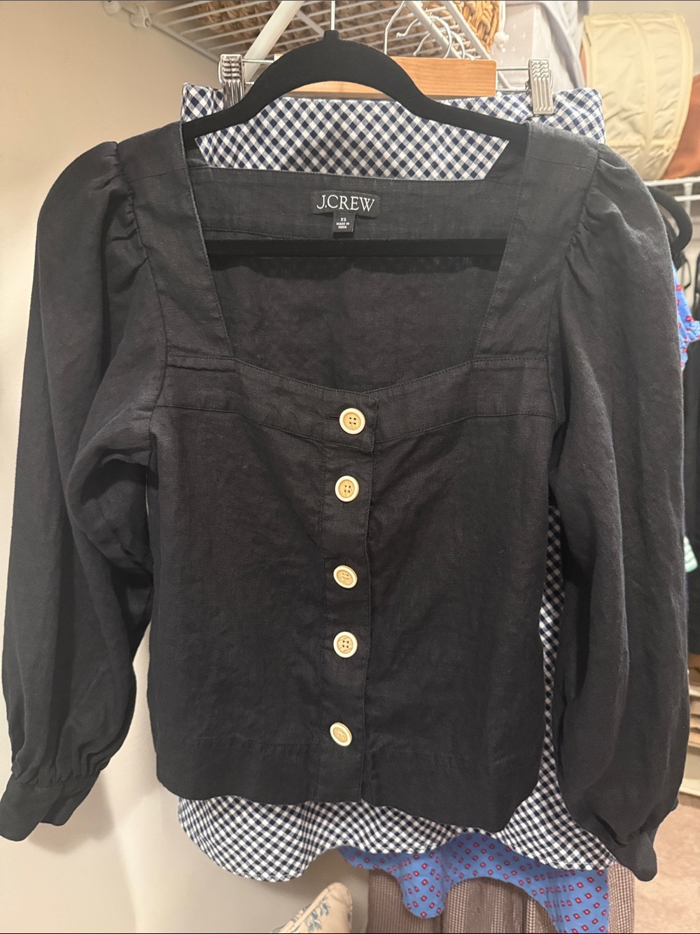 J. Crew 100% linen Black Square-Neck Button Front Puff Sleeve Top new